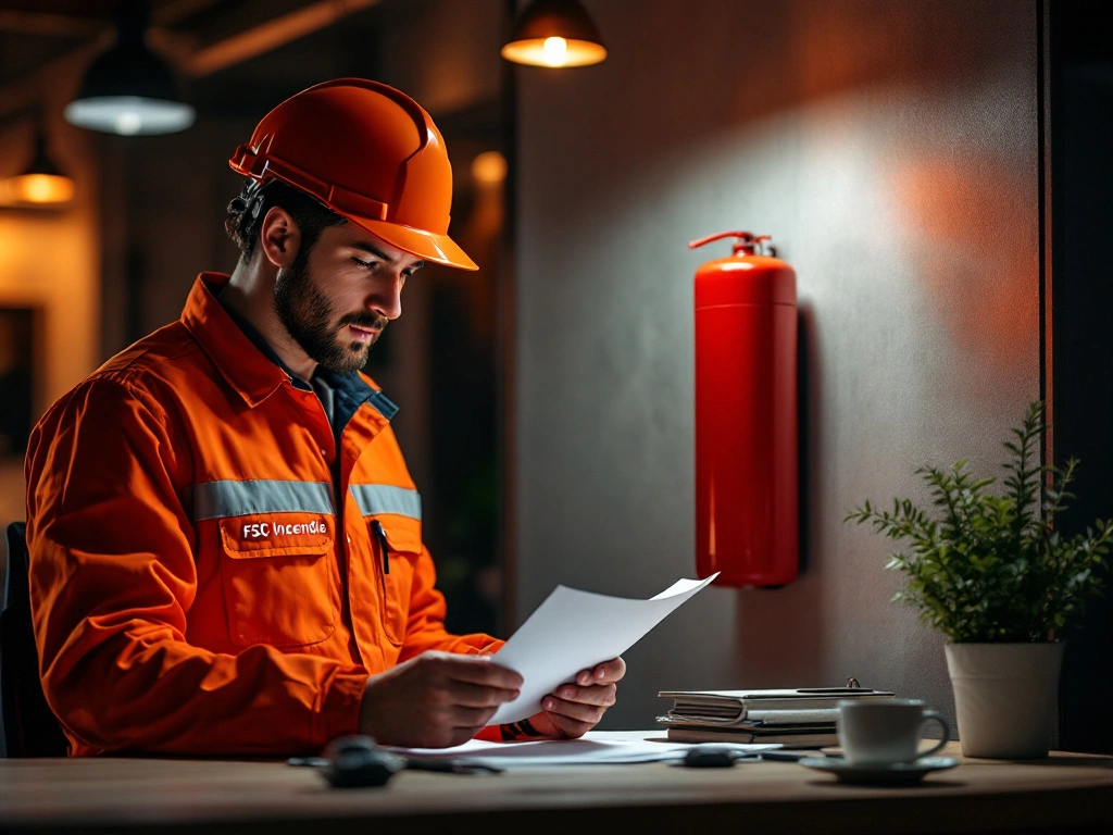 Un technicien inspecte un extincteur CO2 dans un bureau professionnel, garantissant la conformité avec les normes de sécurité incendie en entreprise.