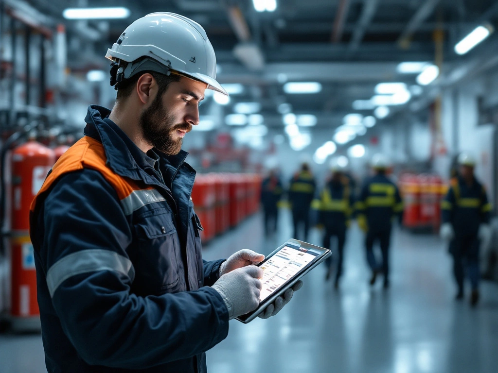 Technicien inspectant un extincteur CO2 dans un bureau pour garantir la sécurité incendie et la conformité des équipements.